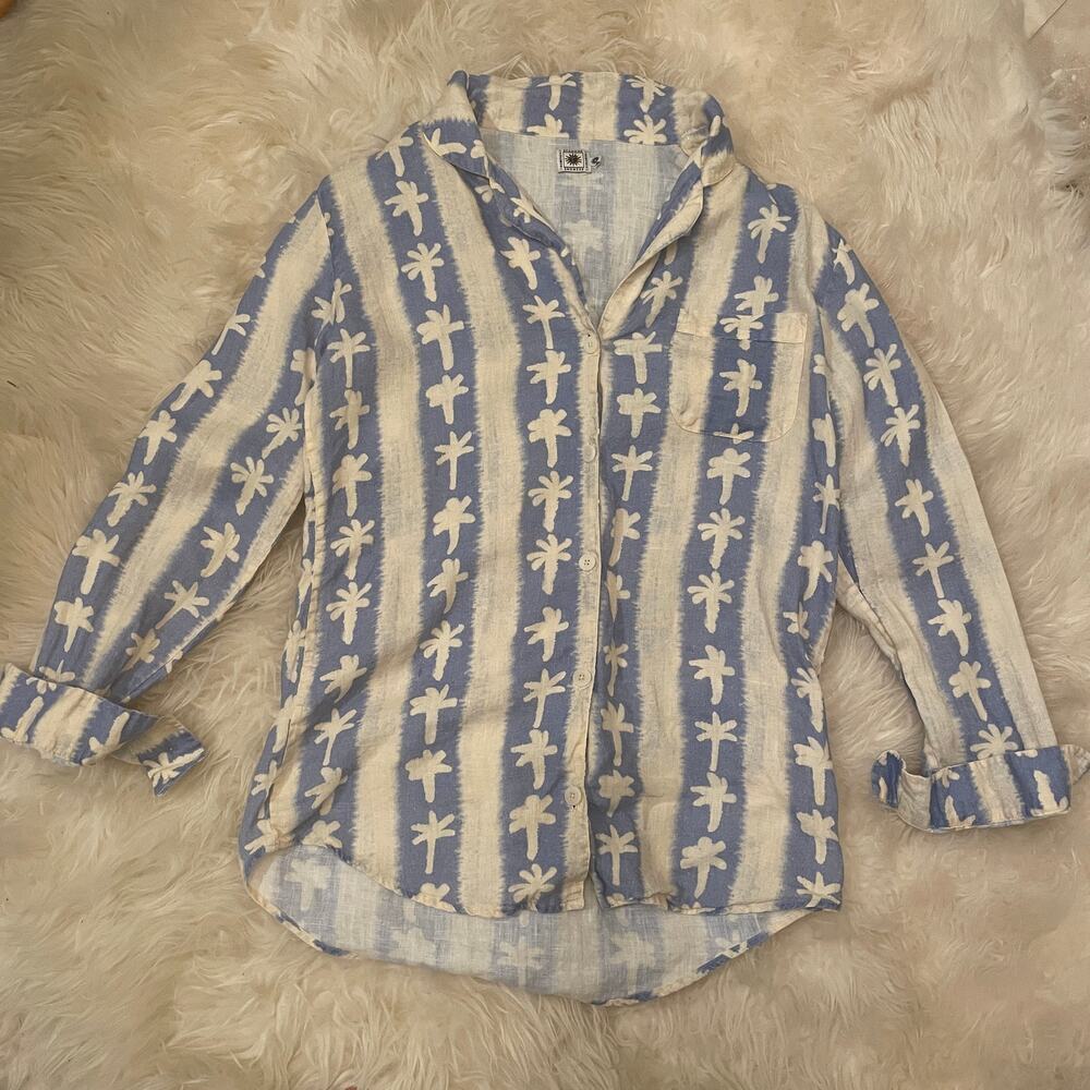 Desmond & Dempsey M Linen Shirt | Blue Palm Tree Print, 100% Linen, Portugal